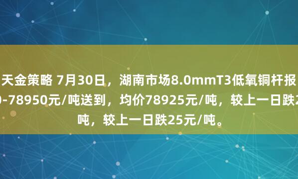 天金策略 7月30日，湖南市场8.0mmT3低氧铜杆报价78900-78950元/吨送到，均价78925元/吨，较上一日跌25元/吨。